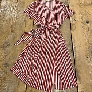 MANGO Red, Black & White Stripe Wrap Dress